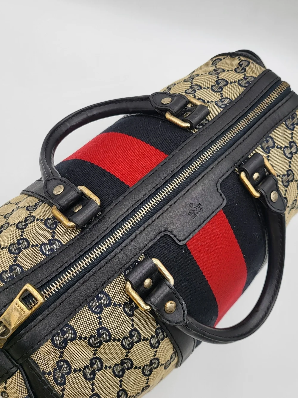 GUCCI Monogram Selleria Calfskin Vintage Web Medium Boston Black, Auth. w/COA..